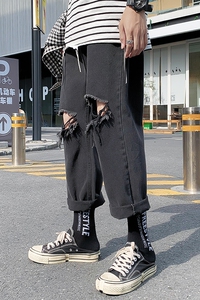 现货夏季chic潮流破洞牛仔裤 九分裤宽松休闲直筒裤s08图片