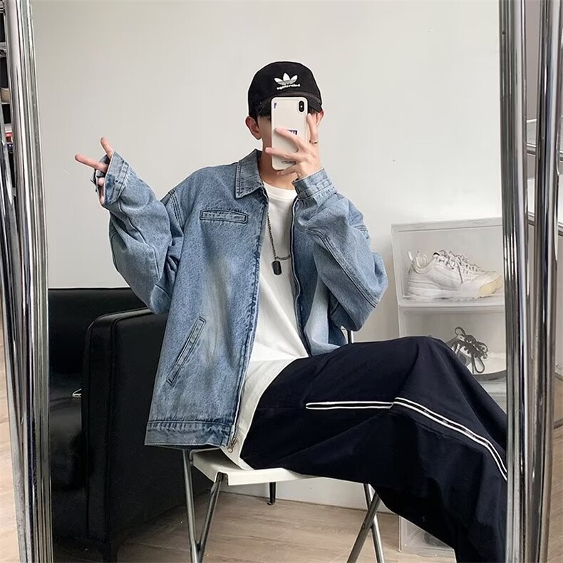 新款牛仔外套男女潮牌日系宽松复古做旧水洗牛仔夹克潮流,男装工装外套,星座410-7