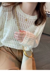 夏日轻薄罩衫镂空针织衫女夏季薄款2025新款韩版长袖宽松百搭，女装针织衫/毛衣，百色羊绒