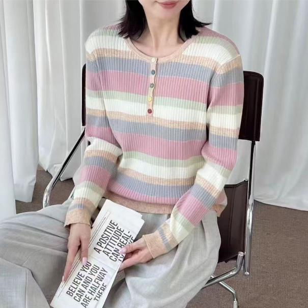 2025秋冬百搭时尚简约三色彩虹套头毛衣,针织衫/毛衣,沐策羊绒