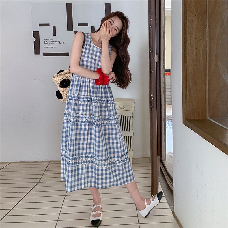 蓝色小清新木耳边无袖连衣裙女夏季2025新款复古文艺风格纹背心裙,女装连衣裙,2C135