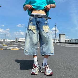 渐变破洞七分牛仔裤男夏季美式宽松直筒廓形阔腿短裤RK3040-P46图片