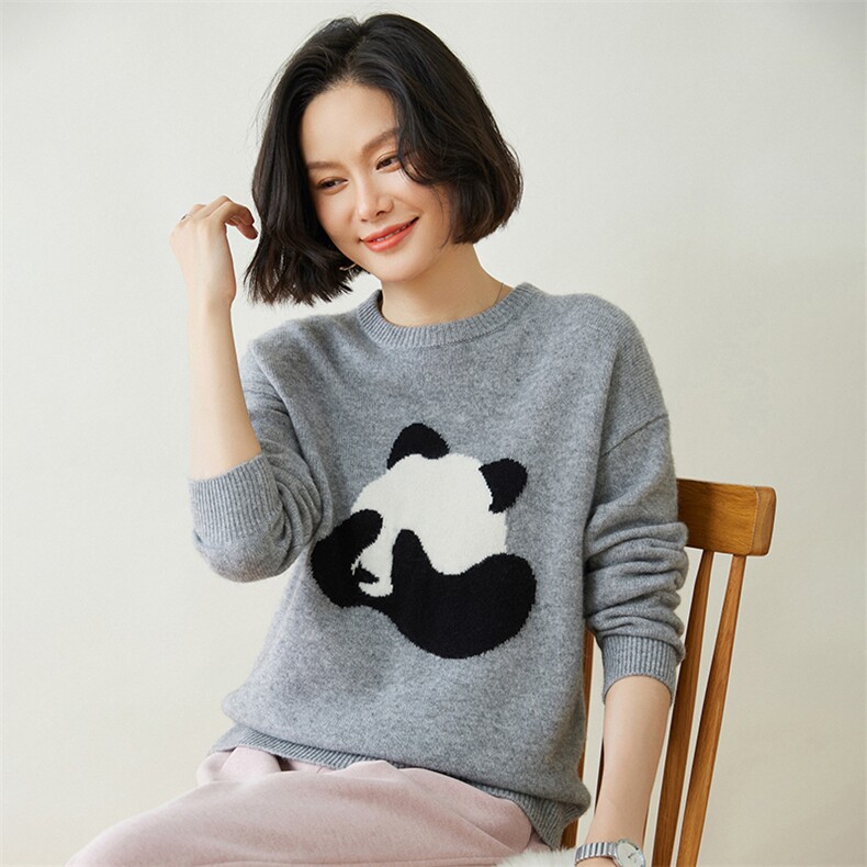可爱熊猫图案35%羊绒圆领毛衣时尚百搭显瘦女士秋冬新款,女装羊绒衫,迎冬羊绒