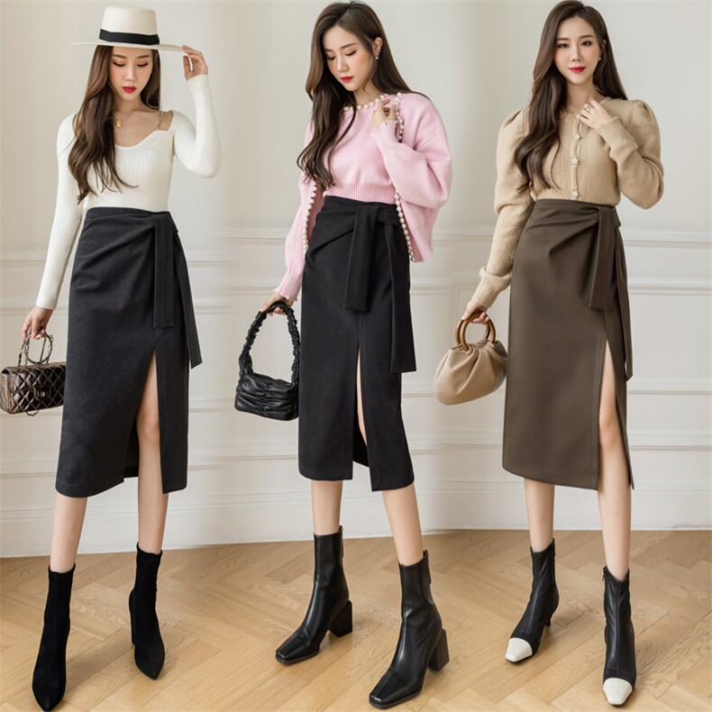 毛呢半身裙中长款2024秋冬新款时尚绑带修身显瘦通勤包臀裙子，女装半身裙，梦白服饰厂