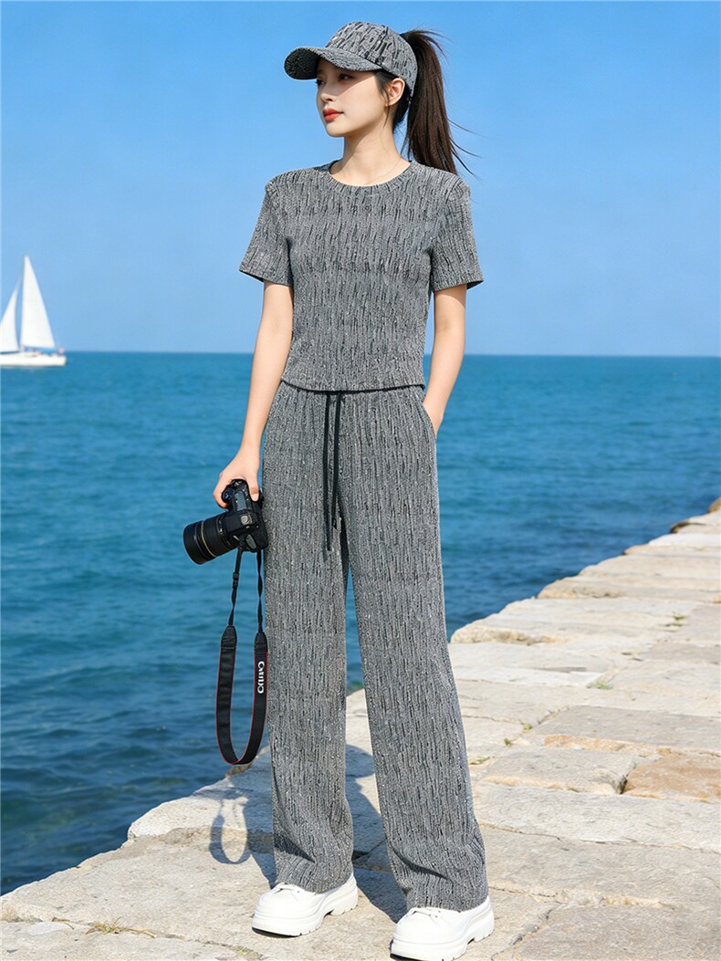 潮流时尚气质套装女夏季新款欧货重工慵懒风灰色短袖阔腿裤两件套,女装套装/套裙,江南