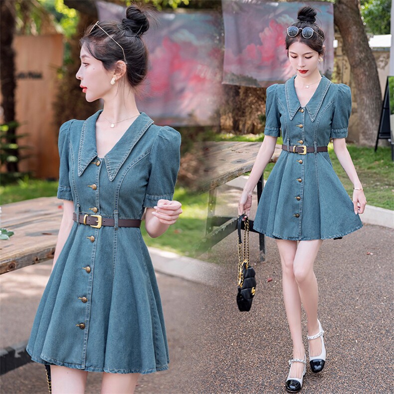 港风潮流修身短袖牛仔裙连衣裙2026夏季新款女时髦气质显瘦中长裙，女装连衣裙，印象茜