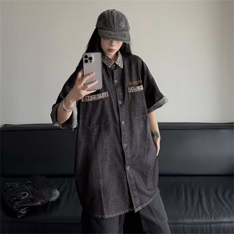 小众设计美式豹纹拼接牛仔短袖T恤衬衫女复古街头做旧外套,男装T恤,星座813-2