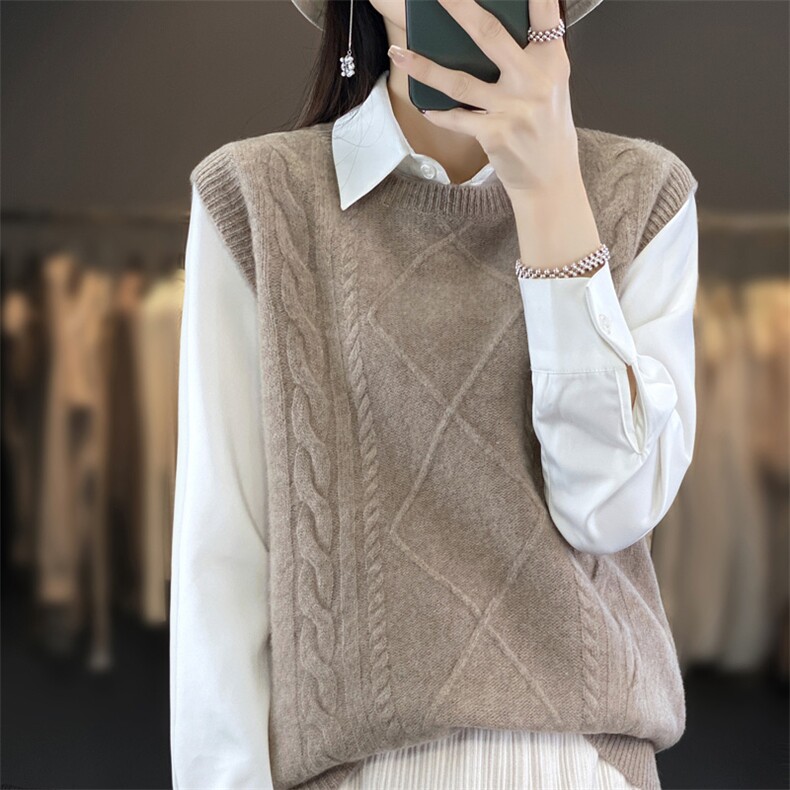 2025年夏季宽松型套头单件短袖圆领女士羊毛衫背心纯色,女装羊毛衫,春贝羊绒