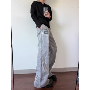 美式复古水洗做旧泼墨烟灰色牛仔裤男微喇叭拖地裤子NZ728-P50图片