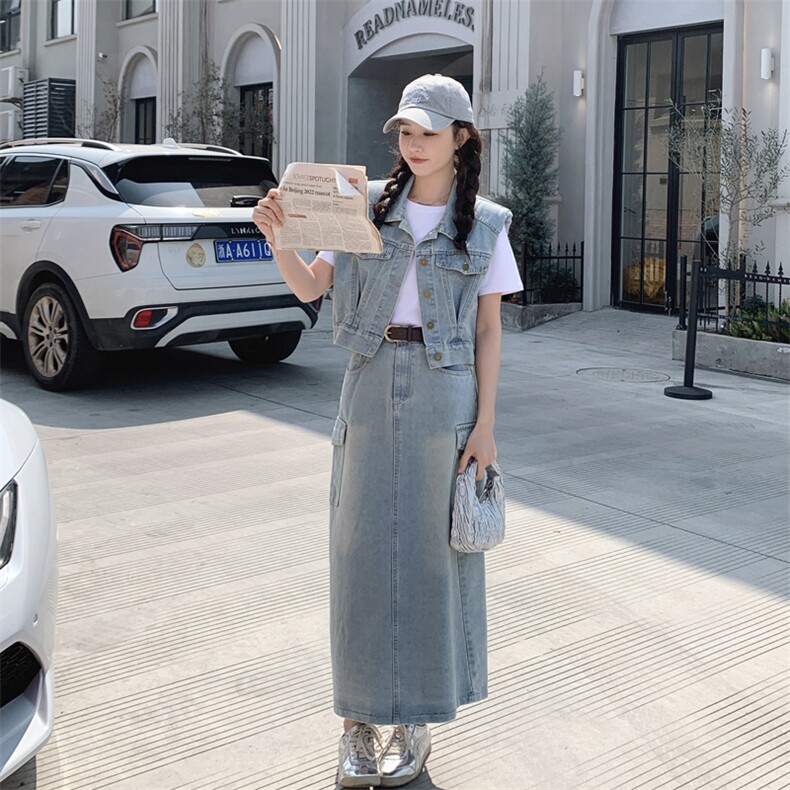 2024新款春夏款翻领复古短款马甲+高腰开叉牛仔半身裙套装，女装套装/套裙，瑶迪