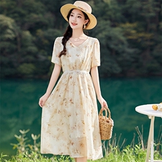 法式碎花天丝连衣裙女夏2025新款收腰RF2C290-5830#-P110-K188，女装连衣裙，蝶眷