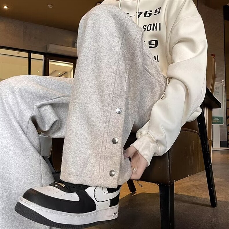 毛呢裤子复古日系慵懒直筒休闲阔腿裤男高级感拖地裤脚纽扣开叉潮图片