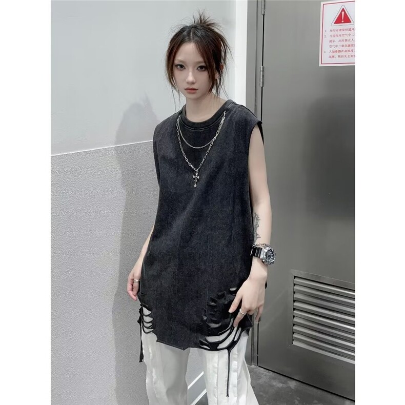 港风夏款男女无袖背心水洗棉破洞汗衫中性风背心送项链BX005P40,男装背心/马甲,星座1013-1