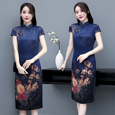 专柜精品重磅真丝弹力缎高奢时尚修身中长款婚庆双层晚礼服旗袍，女装汉服/婚纱/旗袍/礼服，媚琳依坊