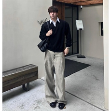 千鸟格复合打褶排扣a字阔腿西裤老钱风cleanfit通勤百搭，男装西裤，四季星座505