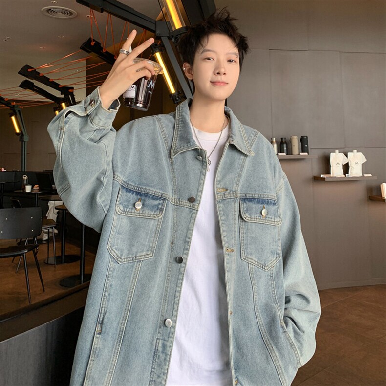 美式牛仔外套男式秋冬季水洗做旧vieb风痞帅高级感翻领工装夹克衫，男装夹克，电商A022