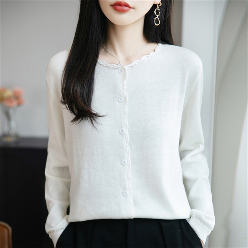 法式温柔风花边设计针织开衫女外套2025新款精纺毛薄款外搭毛衣衫，女装针织衫/毛衣，菲奥羊绒