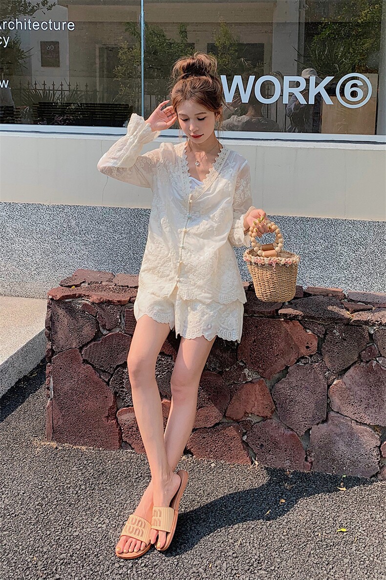 2025新款天丝绣花防晒短裤套装,女装套装/套裙,奕可儿