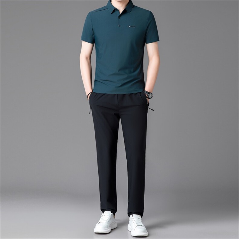 R-WL6143夏季男式速干短袖长裤二件套运动休闲翻领修身t恤套装,男装T恤,电商B360