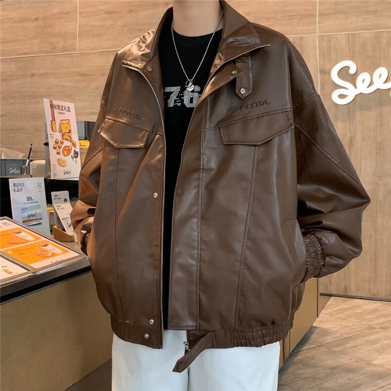 情侣装机车皮衣外套男2023新款春秋凯美拉PU皮双层刺绣夹克 W6700图片
