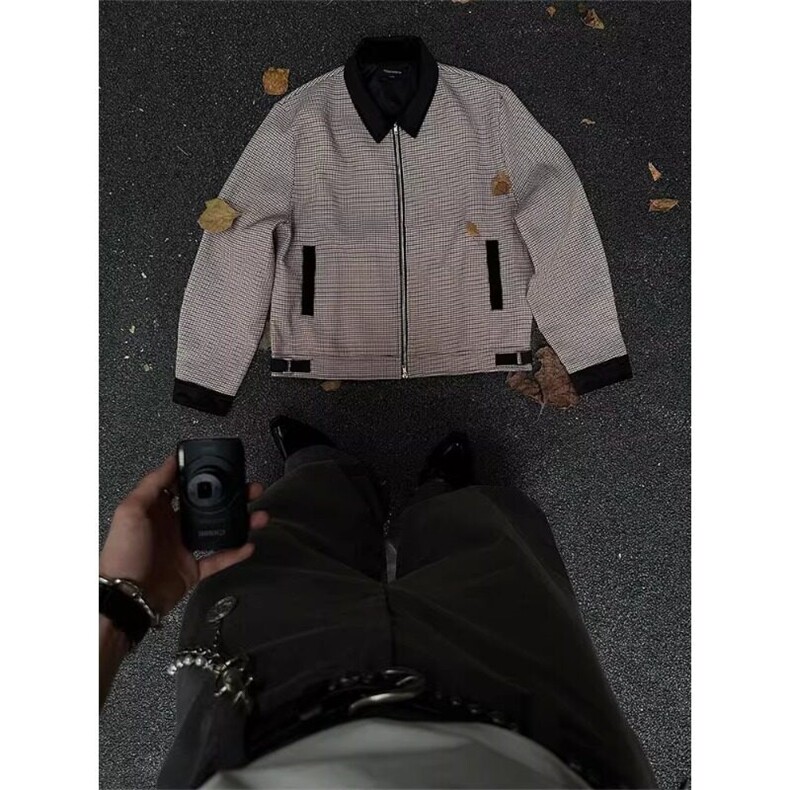 美式拼色千鸟格外套设计高级感双拉链翻领夹克JK9328特P68,男装夹克,星座908-1