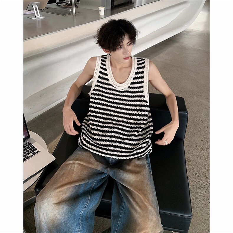 C381-P302024新款条纹针织无袖背心男夏季复古镂空潮牌上衣现货，男装背心/马甲，星座512-6