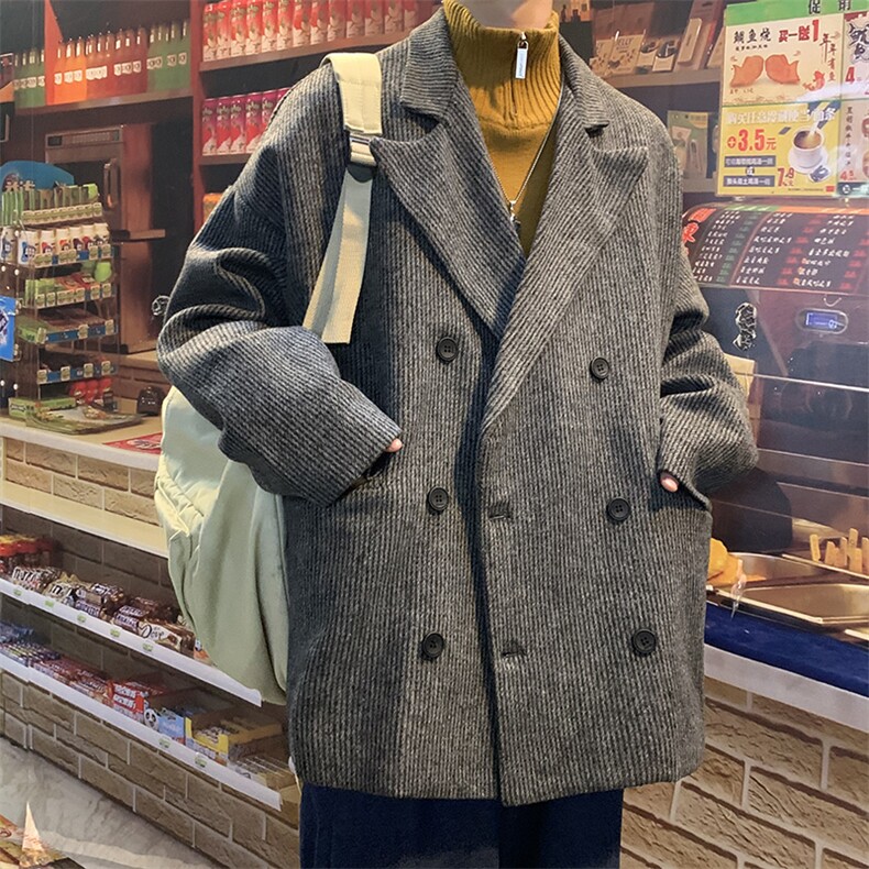 毛呢外套休闲潮灰色小西服上衣潮流ins双排扣呢子大衣W1734-P60,男装夹克,星座512-2