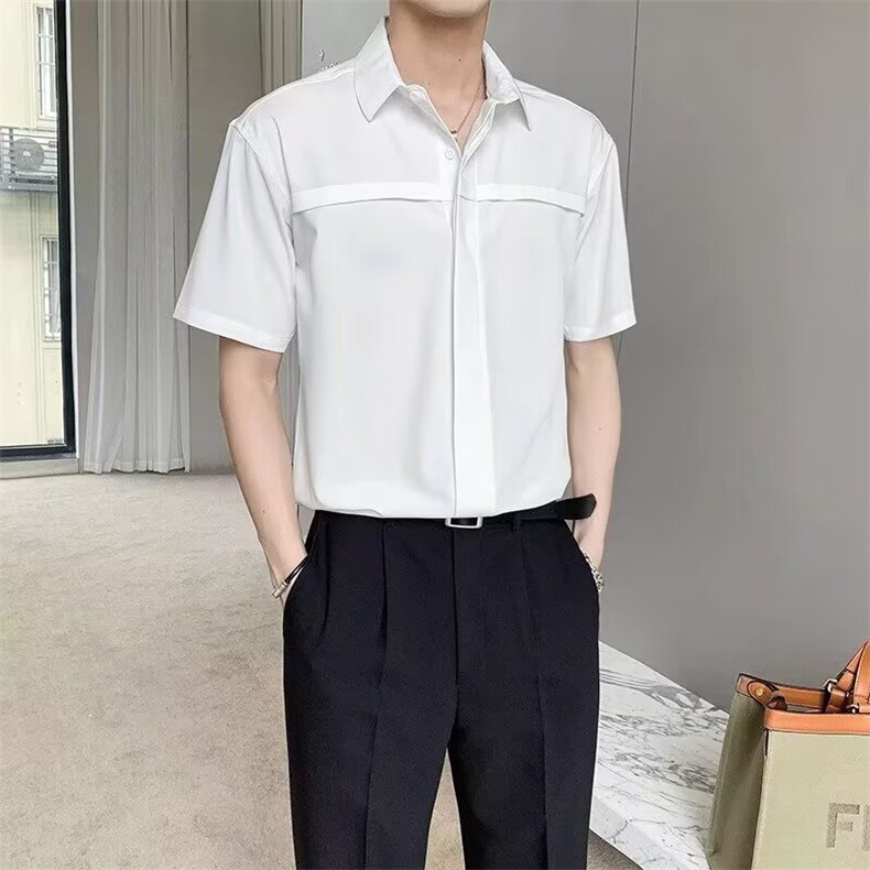 潮流设计感纯色短袖衬衫男女夏季高级感上衣垂感痞帅情侣半袖衬衣,男装T恤,星座506A