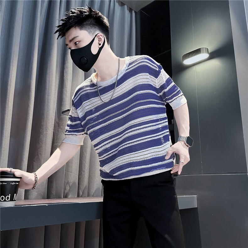 网眼镂空条纹短袖T恤男个性社会小伙店主风301C-DT110-P58控78,男装T恤,星座301C（原B323）