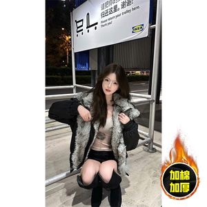 现货高品质美式高街重磅狼王座山雕毛毛领假两件棉衣加厚棉服外套图片