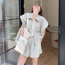 两件套短袖防晒上衣配短裤套装女大口袋大货已出8826p105k155，女装套装/套裙，2D143
