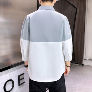 短袖衬衫男士衬衣夏季薄款潮牌工装七分袖上衣服休闲拼色夏装外套图片