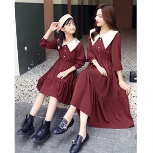 2021春秋季新款拼色长款亲子连衣裙蛋糕裙中长款复古长袖女图片