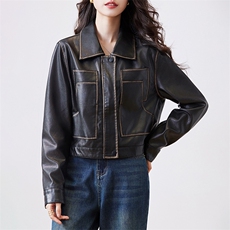 复古短款机车皮衣外套女春季2024新款宽松炸街小个子pu皮夹克上衣，女装皮衣，江南女神