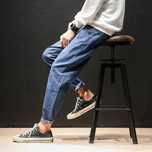 2021春秋季新日系布标装饰宽松复古风大码牛仔男九分裤K069-P40图片