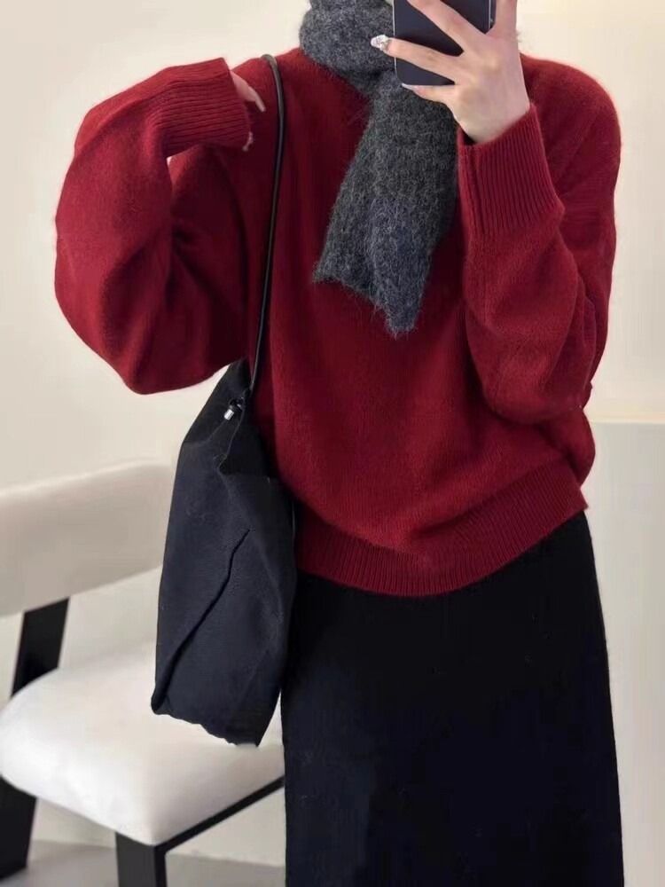 时尚百搭宽松显瘦纯色圆领羊毛衫女秋冬季新款长袖针织毛衣外套,女装羊毛衫,冀清阳荣