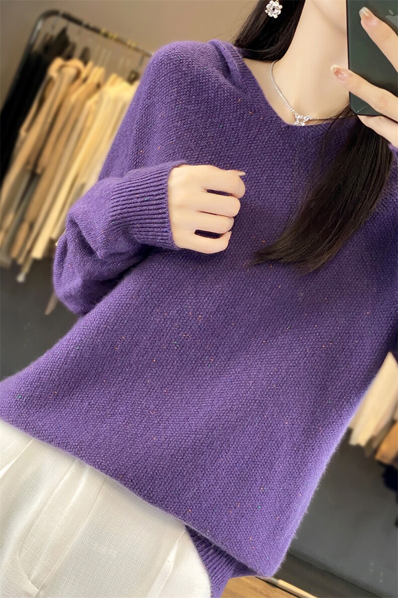 羊毛连帽针织衫女v领帽衫点子纱一线成衣气质减龄带帽毛衣宽松,女装羊毛衫,片语羊绒