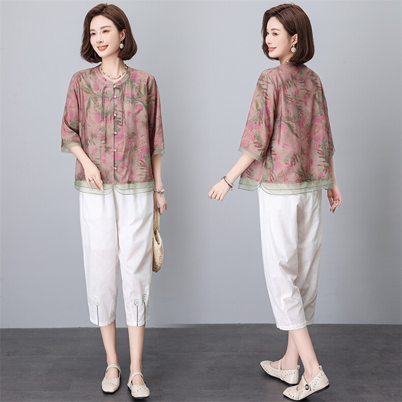 时尚套装女2024夏装新款气质印花拼接中袖衬衫休闲裤两件套，女装大码女装，奕阳依阁