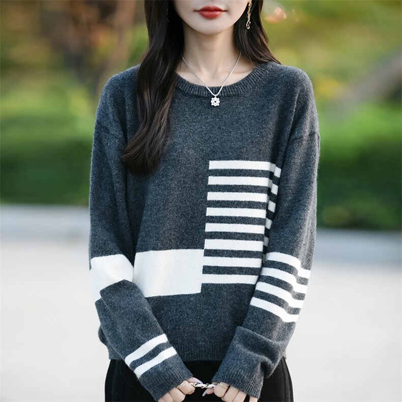 几何条纹针织衫拼色毛衣女2025新款加厚保暖宽松内搭打底毛衫上衣,针织衫/毛衣,佳绒包芯纱店