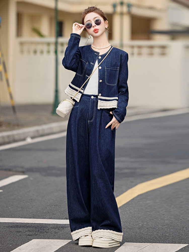蕾丝拼接牛仔套装女2025春季新款穿搭时尚牛仔外套阔腿长裤两件套,女装套装/套裙,E百度