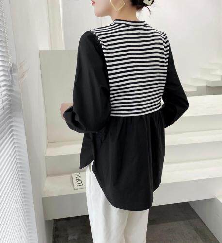 超逸世家4217意法2021年秋季新款长袖拼接条纹衬衫，女装衬衫，超逸世家