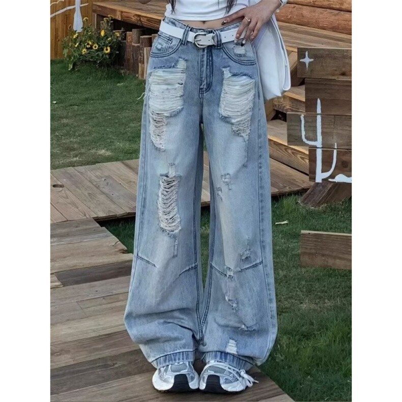 美式复古青少年破洞牛仔裤男女秋季高街设计感直筒宽松显瘦阔腿裤,男装牛仔裤,星座813-2