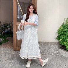 甜美减龄蕾丝镂空罩衫连衣裙套装女夏2025新款法式叠穿长裙两件套，女装套装/套裙，慧尚2-185