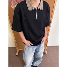 千鸟格拼接短袖polo衫男夏季老钱风重磅半袖t恤高级感痞帅五分袖，男装Polo衫，四季星座505