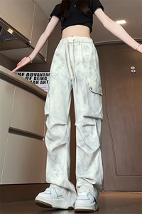特批P40无差价夏季扎染脏脏裤冰丝褶皱中性工装阔腿长裤男士K1448图片