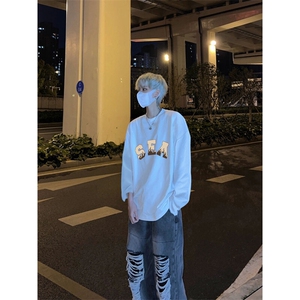 美式复古SEA印花长袖T恤小领口打底衫图片