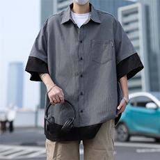 短袖衬衫男宽松假两件上衣ins港风夏季薄款衬衣外套C0513-P35，男装衬衫，星座308B-2