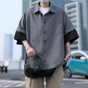 短袖衬衫男宽松假两件上衣ins港风夏季薄款衬衣外套C0513-P35图片