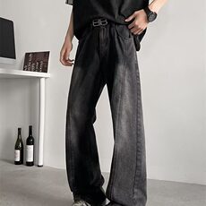 解构水洗黑牛仔裤美式vibe风显瘦微喇裤男生高个子提档高腰直筒裤，男装牛仔裤，星座601-1