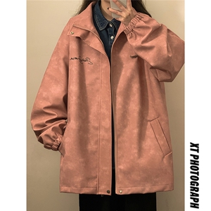 中性风立领PU皮复古做旧金属印花字母大码M-5XL夹克男JK77754P90图片